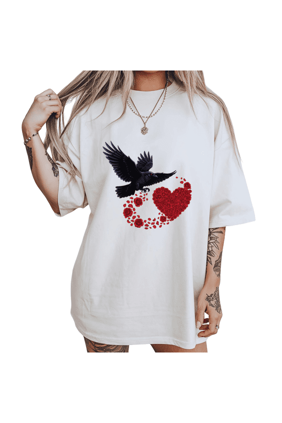Raven Rose Heart Trail Print Tshirt White S-5XL Ethereal Gothic Graphic Tees Shirts Tops