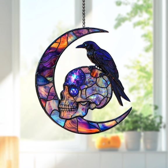 Raven Skull Acrylic Suncatcher Crescent Moon Galaxy Art Window Hanging