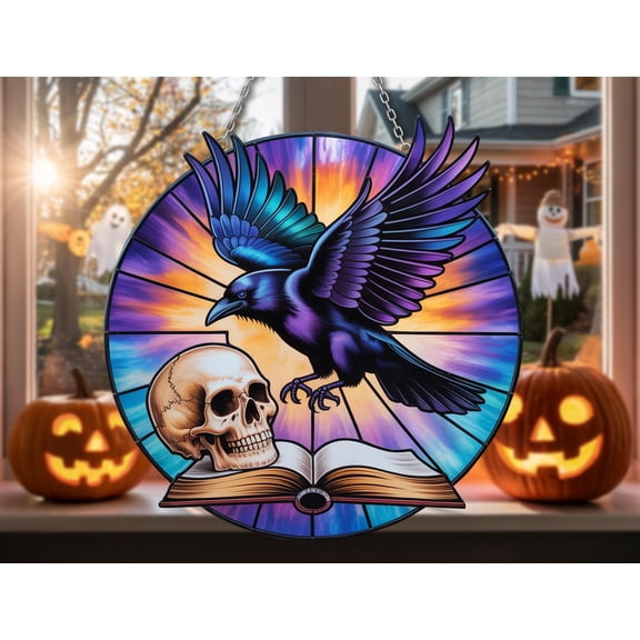 Raven Skull Book Suncatcher – Round Gothic Crow Wavy Acrylic Window Panel – Spooky Halloween Witch Decor