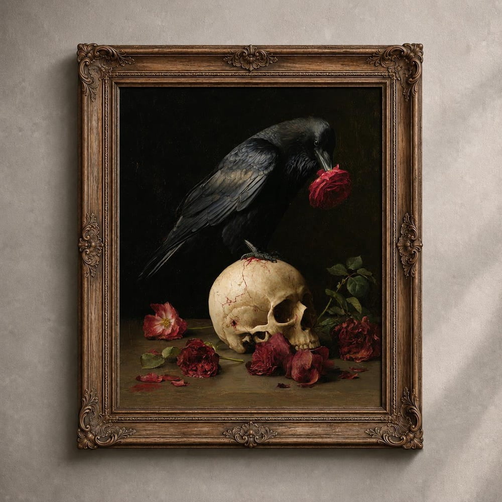 Red Roses Shorts Raven Skull Gothic Memento Mori Red Roses Poster - Walmart.com