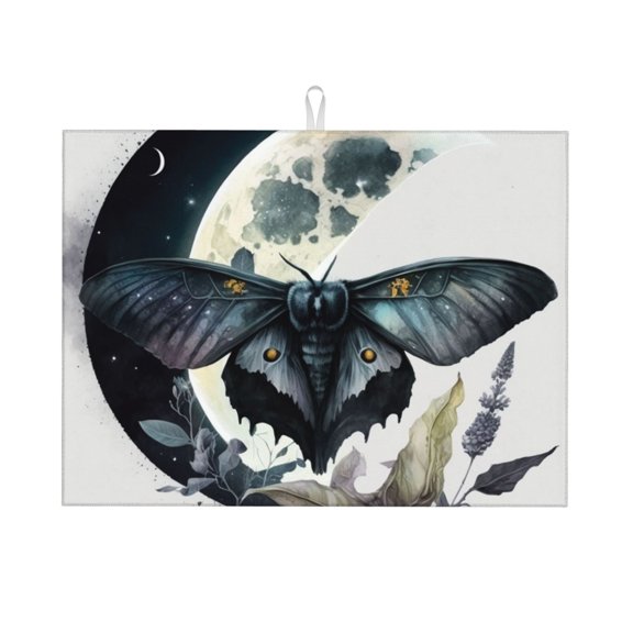 Raven Skull Moth Moon Black Large Kitchen Drying Mat 18x24 Inch Ultra Absorbent Dish Drying Mats Foldable Countertop Protector