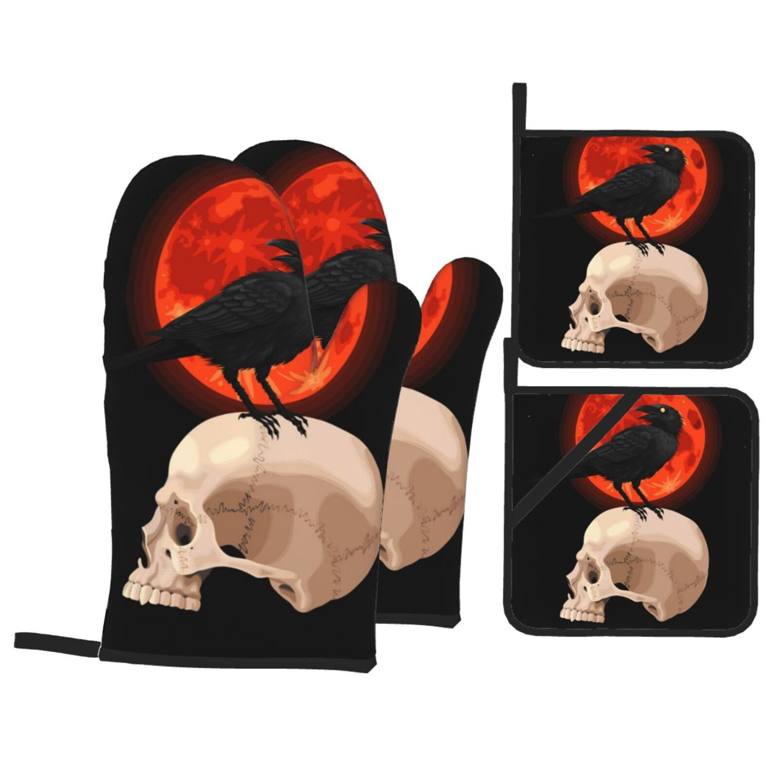 Raven Skull Red Moon 4Pcs Oven Mitts and Pot Holders Sets Oven Kitchen Gloves Hot Pads for Cooking BBQ Baking Grilling