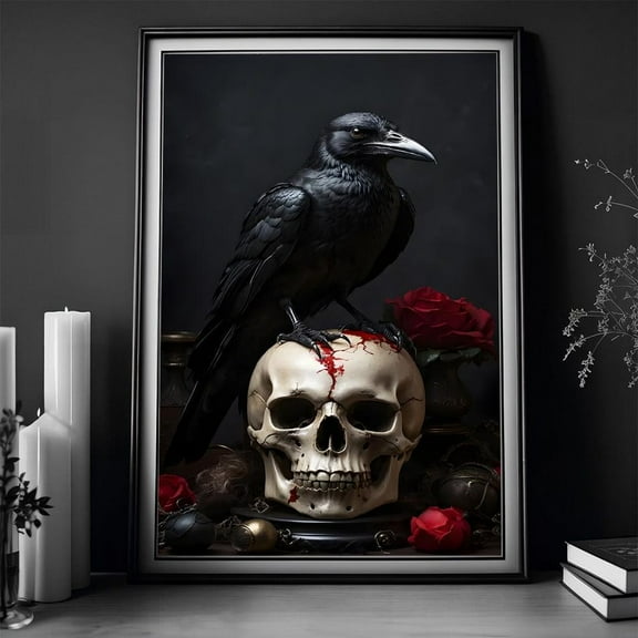 Raven Skull & Red Roses Art Poster Gothic Dark Academia Wall Decor Unframed Paper Print