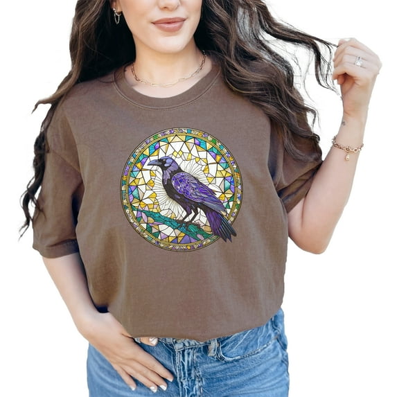 Raven Stained Glass Art T-Shirt, Gothic Crow T-shirt, Stained Glass Bird Design, Unique Gothic Apparel, Graphic Raven Tee, Espresso Comfort Colors T-Shirt, Medium