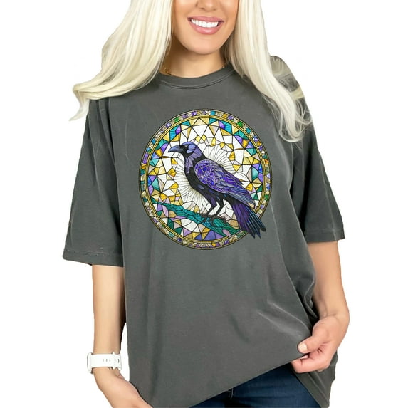 Raven Stained Glass Art T-Shirt, Gothic Crow T-shirt, Stained Glass Bird Design, Unique Gothic Apparel, Graphic Raven Tee, Pepper Comfort Colors T-Shirt, 3XL