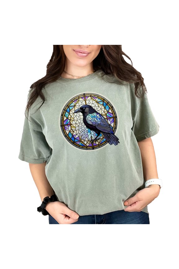 Raven Stained Glass Art T-Shirt, Gothic Crow Art Tee, Unique Bird Design Shirt, Colorful Stained Glass Window Tee, Crow Lover Gift Shirt, Moss Comfort Colors T-Shirt, 3XL