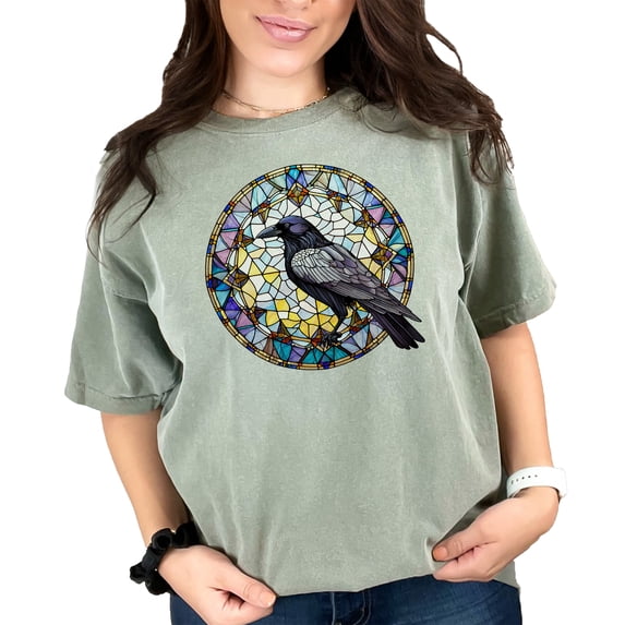 Raven Stained Glass Art T-Shirt, Unique Gothic Crow Design Tee, Colorful Bird Shirt, Artistic Raven Print, Boho Mandala Pattern Top, Moss Comfort Colors T-Shirt, Small