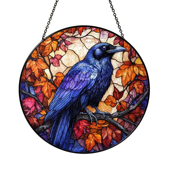 Raven Stained Glass Panel with Blue Feathers and Autumn Red Leaves, Circular Wildlife Window Decor Accent