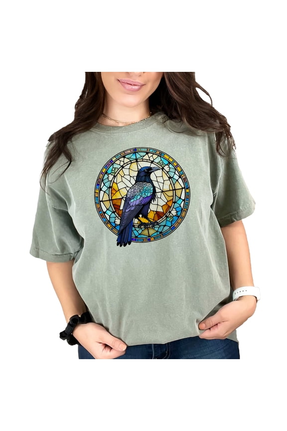 Raven Stained Glass Window Art T-Shirt, Gothic Crow Tee, Unique Bird Lover Gift, Vintage Style Tee, Mythical Raven Graphic Shirt, Moss Comfort Colors T-Shirt, 3XL