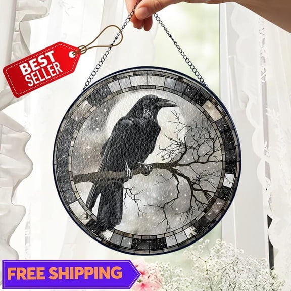 Raven Suncatcher, Glass-Effect Gothic Crow Window Hanging Decor