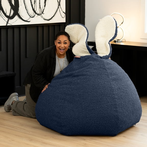 Raven-Symoné Home HopSeat Bunny Oval Shaped Large Bean Bag Chair with Ears, Ultra Soft Shearling - Blue