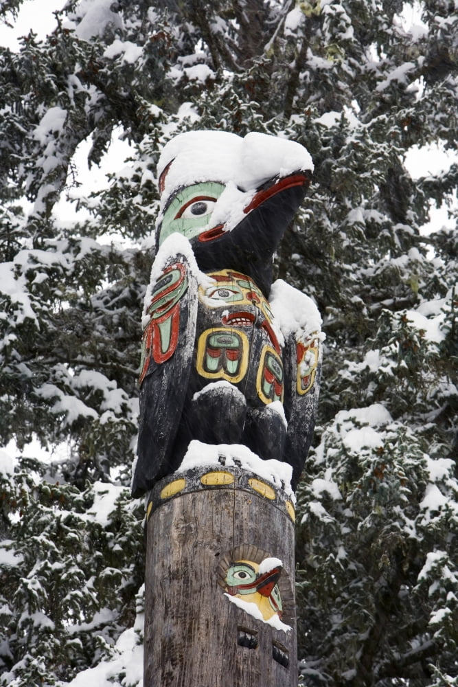 Raven Totemic Figure On Tlingit Totem Pole At Auke Bay Recreation Area Winter In Southeast Alaska Canvas Art - Joel Bennett Design Pics (11 x 17)