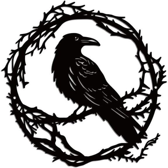 Raven on Tree Ring Metal Wall Decor, Black Iron Bird Wall Art Decor with Hole Metal Raven and Tree Wall Hanging Silhouette Sculpture for Living Room Garden Bedroom Office Balcony, 30x30cm