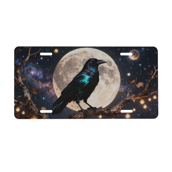 Raven Trees Leaves Moon Fairy Lights Front License Plate for Women Car Vanity Plates Decorative Aluminum Metal Cute Novelty License Plate Cover for Men 6x12 Inch (4 Holes)