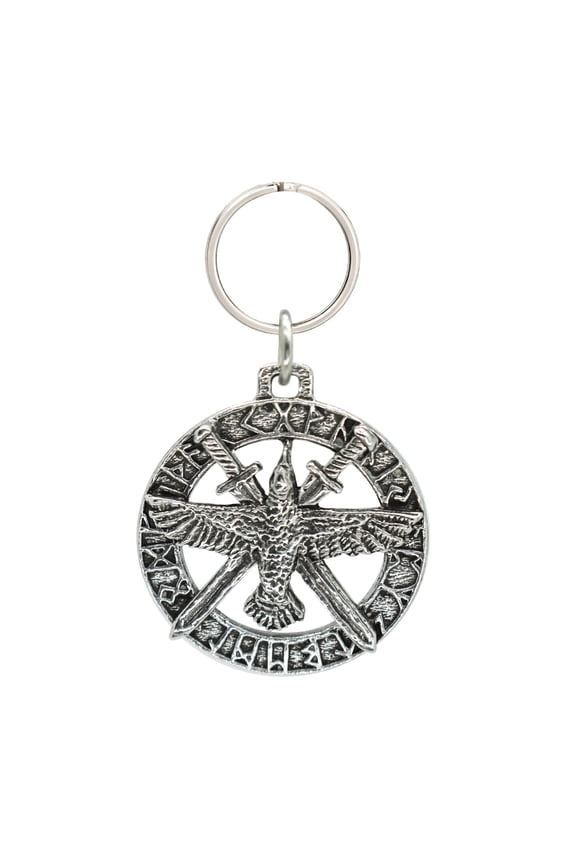 Raven W/Swords In Runes Keychain, G018KC, 1 3/4 inch, Pewter, Key Fob, Key Ring, Keys, Zipper Pull, Luggage Tag, Backpack, Over 300 Keychain Designs, Handmade in the USA, 100% American Made