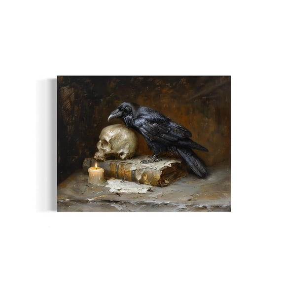 Raven Wall Art, Skull With Crow And Candle, Gothic Moody Aesthetic, Book Antique, Dark Academia Decor, Spooky Print 164Rd Home Decor #2118, 12x18 UNFRAMED