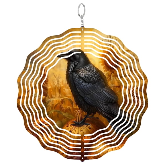 Raven Wind Spinner Metal Outdoor Decor Fall Harvest Theme Golden Autumn Tones