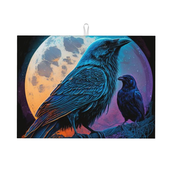 Raven Wolf Moon Moonlight Art Large Kitchen Drying Mat 18x24 Inch Ultra Absorbent Dish Drying Mats Foldable Countertop Protector