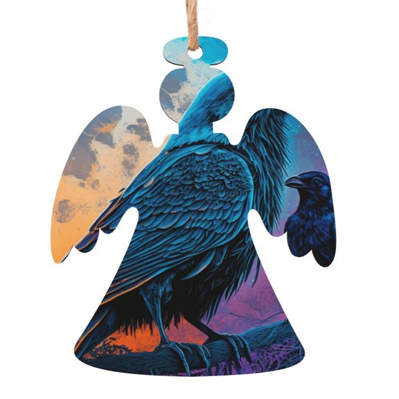Raven Wolf Moon Moonlight Art Wooden Christmas Ornament Angel Shape,Xmas Tree Hanging Decoration 6 PCS