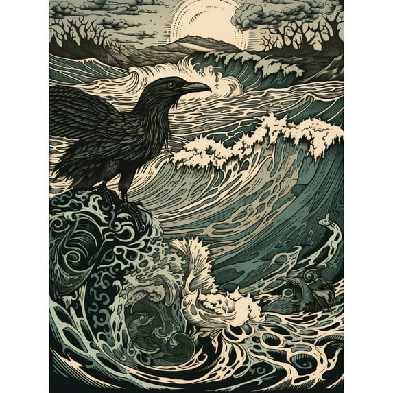 Raven and Crashing Waves Coastal Sunrise Landscape Extra Large XL Wall Art Poster Print