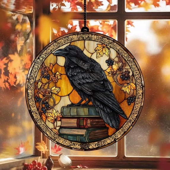 Raven and Dark Books Glass Suncatcher, Gothic Academia Window Art, Book Lover Reader, 7.9 in