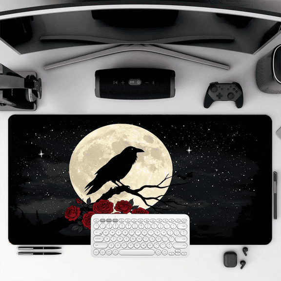 Raven and Moon Gothic Mouse Pad 35.4 x 15.8 Inches Rubber Desk Mat with Red Roses Design for Office and Gaming