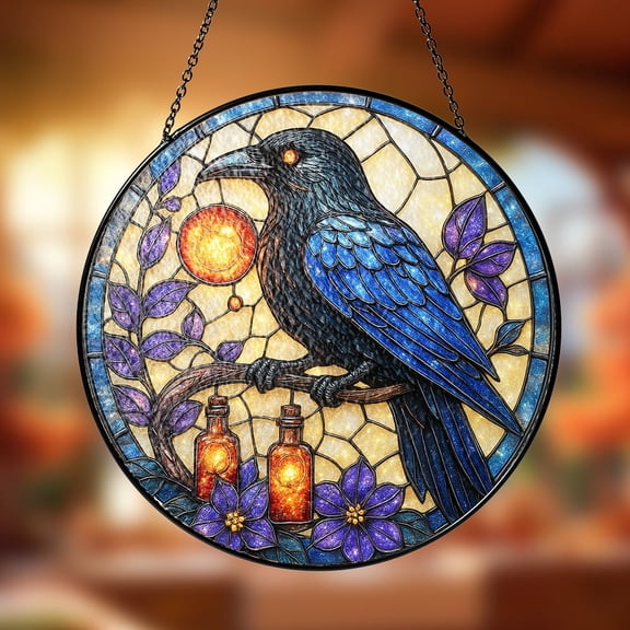 Raven and Potion Bottle Stained Glass Suncatcher, Magic Orb Flowers and Spell Aesthetic, Witchy Gift, Gothic Home Decor, Halloween Gift