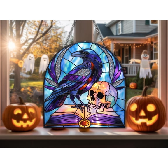 Raven and Skull Wavy Acrylic – Gothic Halloween Window Decor – Witchy Book Raven Art Gift