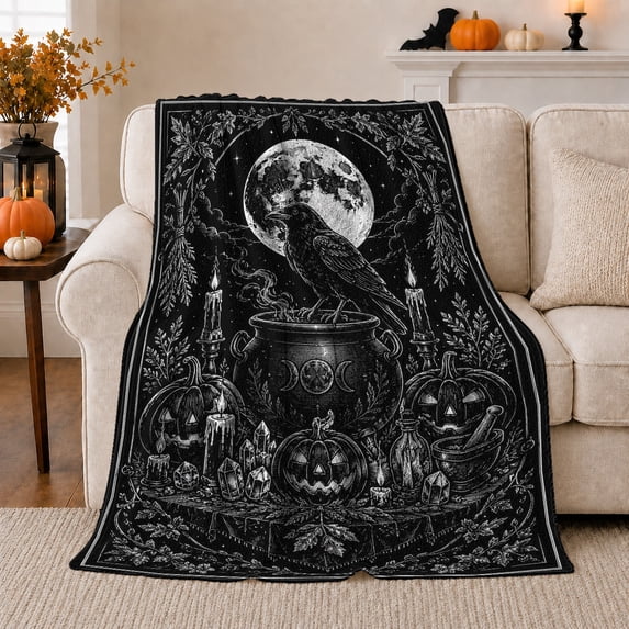 Raven bright moon pumpkins candles crystals black Flannel Blanket for bedroom reading nook gothic Halloween Home Decor mystical bird dark art Gift for raven lovers