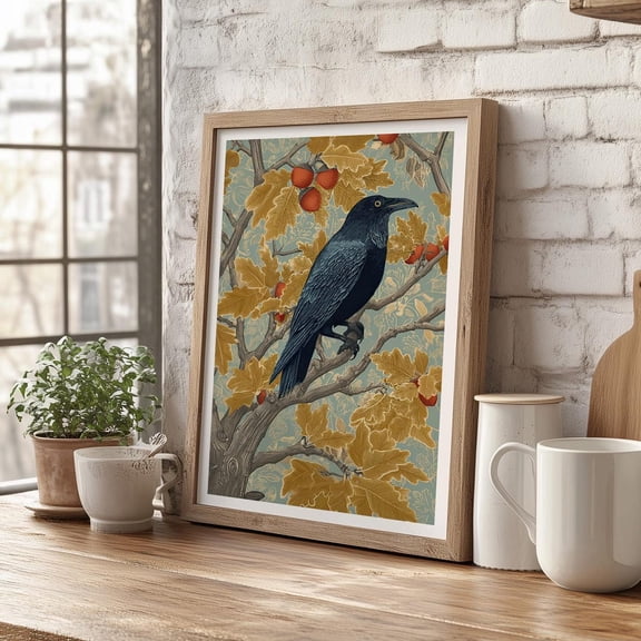 Raven in Chestnut Tree Wall Art, Vintage Botanical Bird Decor, Unframed Canvas Size 24x36
