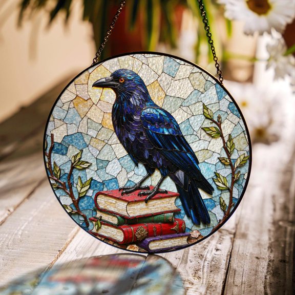 Raven on Antique Books Glass Suncatcher, Gothic Book Lovers, 7.9 in