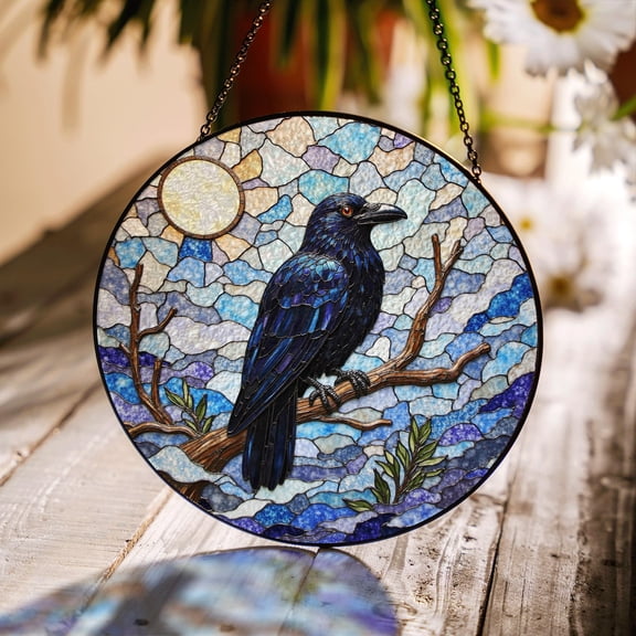 Raven on Branch in Mosaic Forest Glass Suncatcher, Nature Decor, 3.5 in