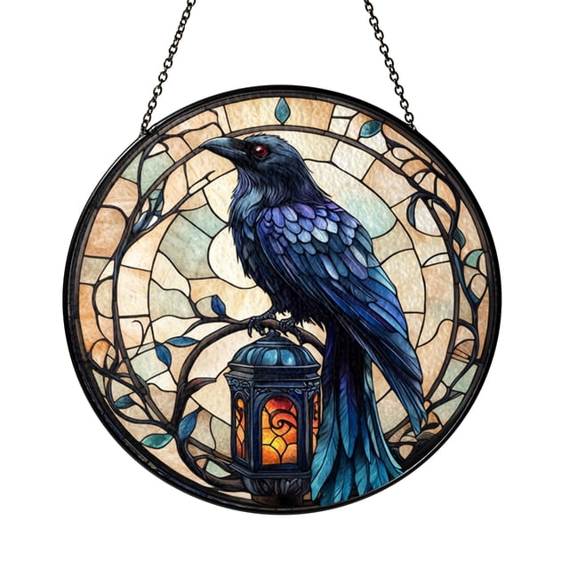 Point Crowe Raven on Lantern Acrylic Suncatcher Window Hanging, Gothic Faux Stained ...