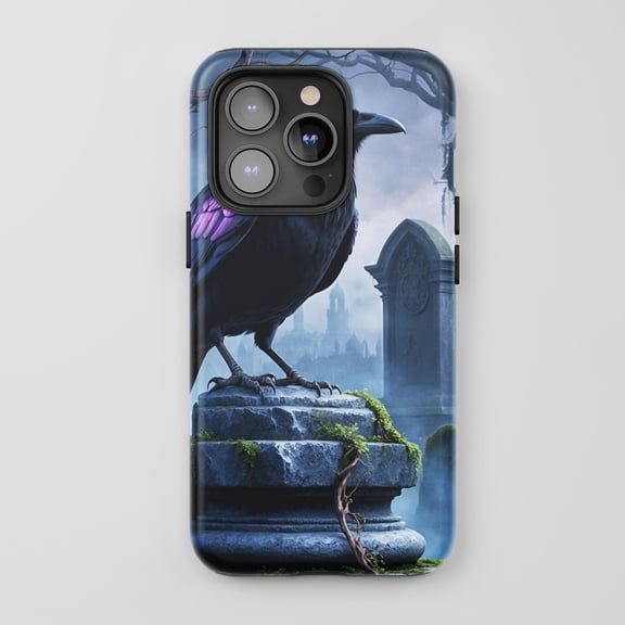 Raven on Stone Gothic Phone Case for All iPhone Series Protective Case Dark Fantasy Blue Purple
