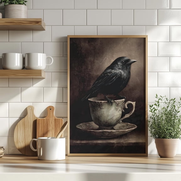 Raven on Teacup Wall Art, Dark Academia Gothic Decor, Unframed Paper Print Size 8x12