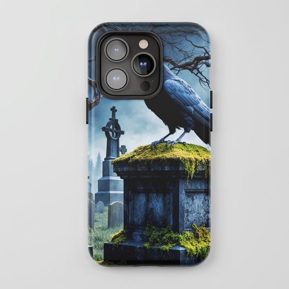 Raven on Tombstone for All iPhone Series Tough Phone Case Gothic Cemetery