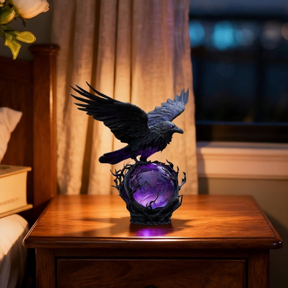 Raven's Moonlight Gothic Light Night – Mysterious Crow on Glowing Orb Sculpture, Halloween Crows and Ravens Indoor Gothic Home Dark Academia Decor Adjustable Brightness Raven Animal Lamp