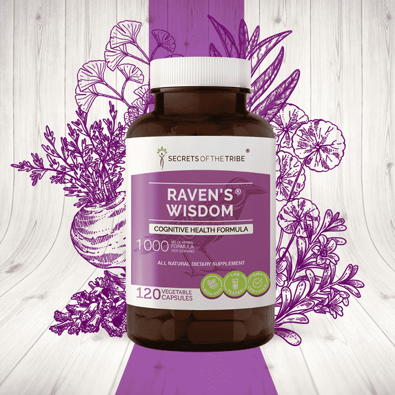 Secrets of the Tribe Raven's Wisdom Capsules Dietary Supplement, Natural Herb Blend, Made from Ginkgo, Gotu Kola, Sage, Rhodiola, Brahmi, Maca 120 Count