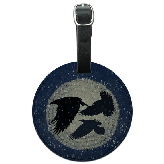 Ravens Flying Through Snow Round Leather Luggage Card Suitcase Carry-On ID Tag