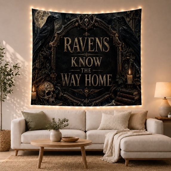 Ravens Know the Way Home Message With Skulls and Books, Moody Gothic Style for Gothic Decor Fans, Raven Wall Decor, Halloween Gift, Tapestry Wall Hanging for Bedroom and Study Room