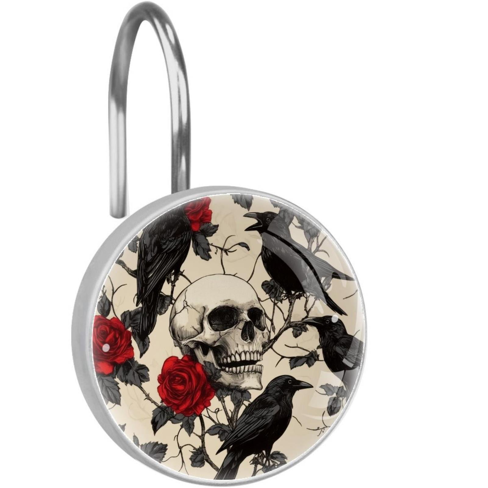 Ravens Skull Roses with Leave Shower Curtain Hooks Round Crystal Glass, Set of 12 Shower Curtain Rings - Shower Hooks for Curtain Shower Rings