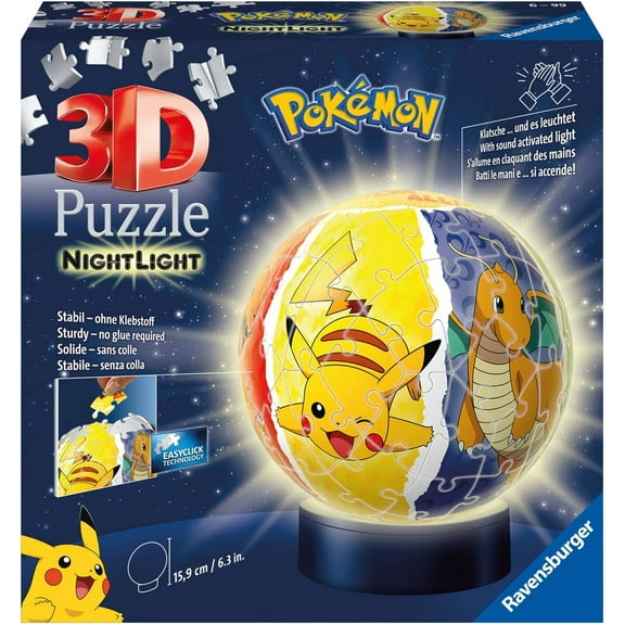 Ravensburger 3D Puzzle 11547 - Night Light Puzzle Ball Pokmon - 72 Pieces - for Pokmon Fans from 6 Years, LED Bedside Lamp with Clapping Mechanism