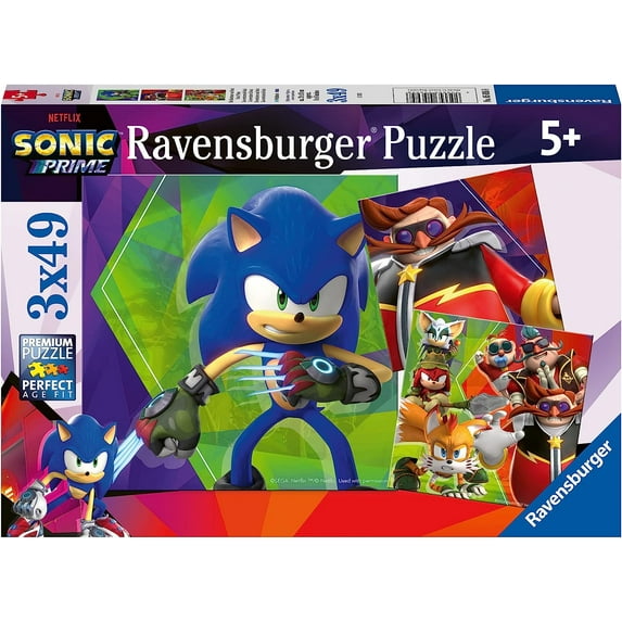 Ravensburger Children's Puzzle 05695 05695 The Adventures of Sonic 3 x 49 Pieces Sonic Prime Children's Puzzle for Children from 5 Years White