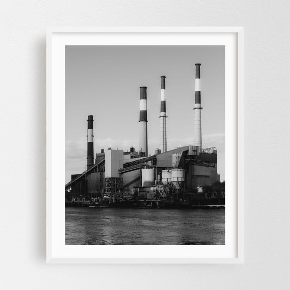 Ravenswood Generating Station 02 B&W - Manhattan New York Photography Black and White Architecture Cityscape Vintage Harbor Minimalist White Framed Wall Art Print 8 x 10 inches