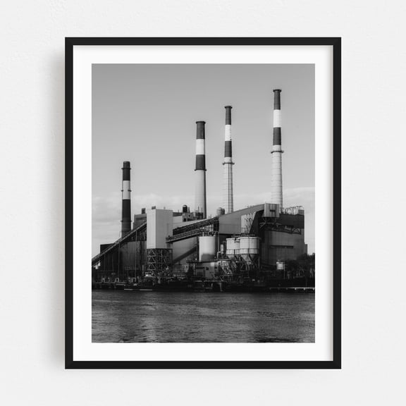 Ravenswood Generating Station 02 B&W - Manhattan New York Photography Black and White Architecture Industrial Cityscape Vintage Harbor Minimalist Black Framed Wall Art Print 6 x 8 inches