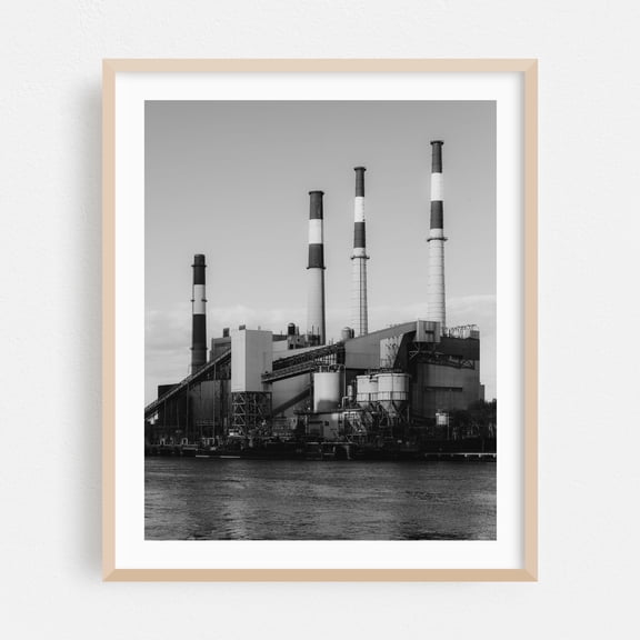 Ravenswood Generating Station 02 B&W - Manhattan New York Photography Black and White Architecture Industrial Cityscape Vintage Harbor Minimalist Oak Framed Wall Art Print 6 x 8 inches