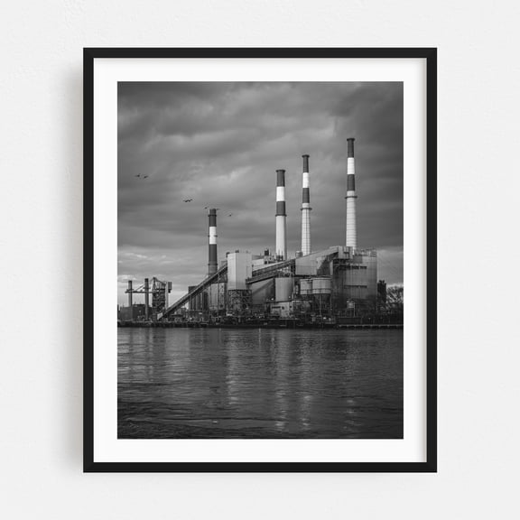 Ravenswood Generating Station B&W - Manhattan New York Photography Black and White Architecture Industrial Skyline Cityscape Black Framed Wall Art Print 6 x 8 inches