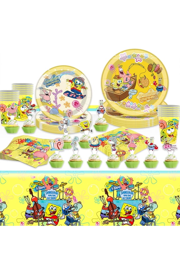 SpongeBob Birthday Plates and Napkins Party Supplies, SpongeBob Birthday Party Supplies and Decorations for kids Birthday Party, 77 Pcs Serves 16 Guests