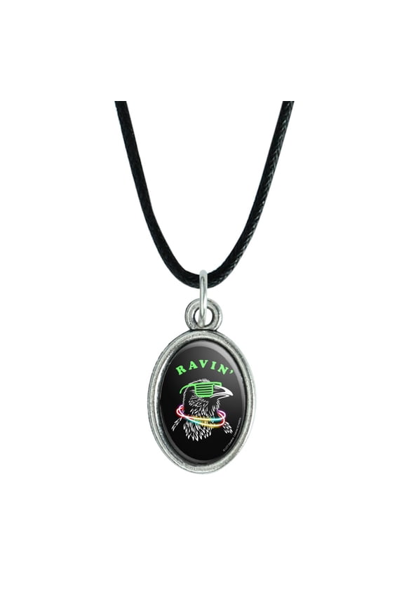 Ravin' Rave Raven Funny Humor Antiqued Oval Charm Pendant with Black Satin Cord
