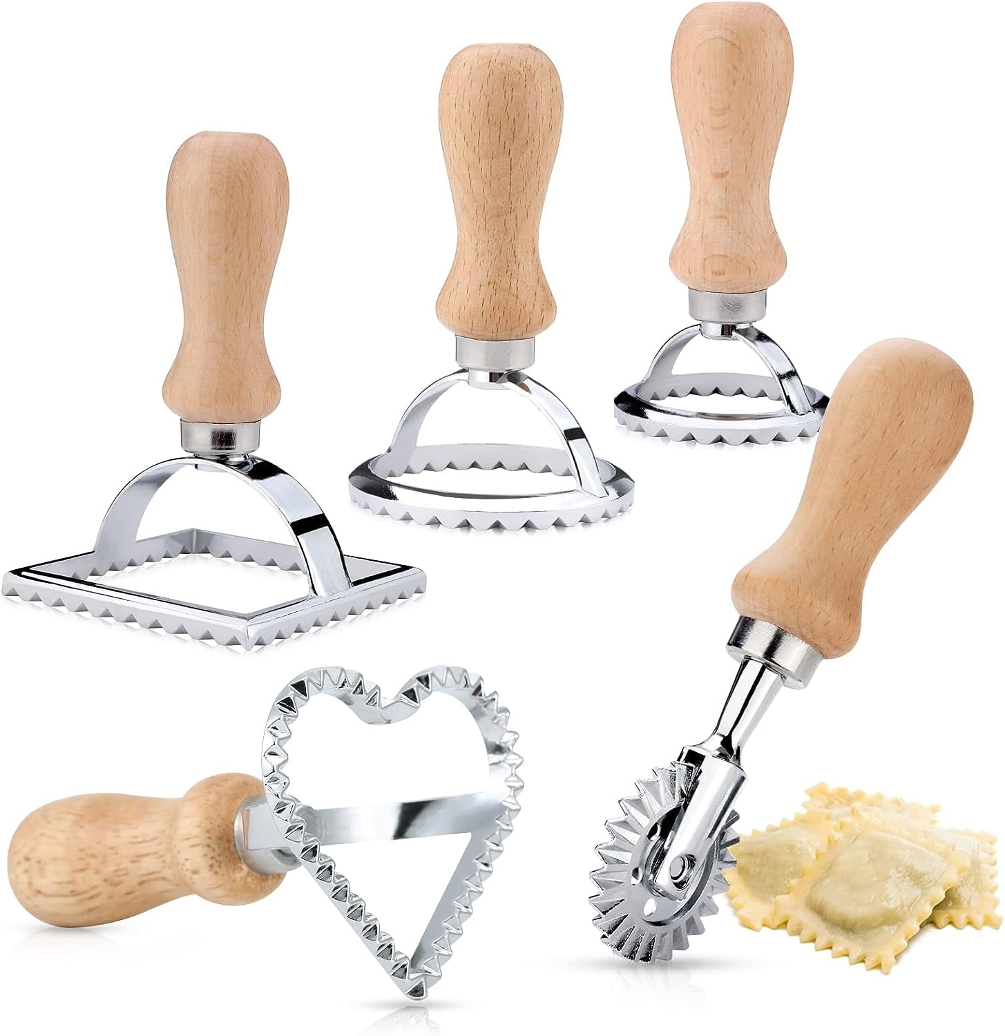 Ravioli Cookie Cutter Set of 5, 4 Ravioli Shapers with Wooden Handle ...
